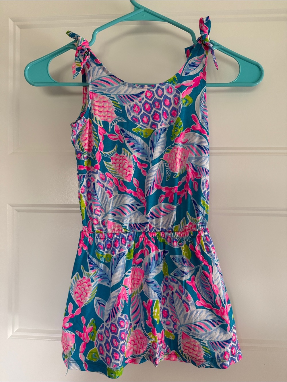 Lily Pulitzer girls Tropical Pink & Teal Tie-Shoulder Romper Dress
